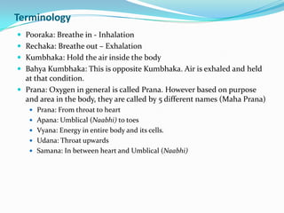 TerminologyPooraka: Breathe in - InhalationRechaka: Breathe out – ExhalationKumbhaka: Hold the air inside the bodyBahyaKumbhaka: This is opposite Kumbhaka. Air is exhaled and held at that condition.Prana: Oxygen in general is called Prana. However based on purpose and area in the body, they are called by 5 different names (MahaPrana)Prana: From throat to heartApana: Umblical (Naabhi) to toesVyana: Energy in entire body and its cells. Udana: Throat upwardsSamana: In between heart and Umblical (Naabhi)