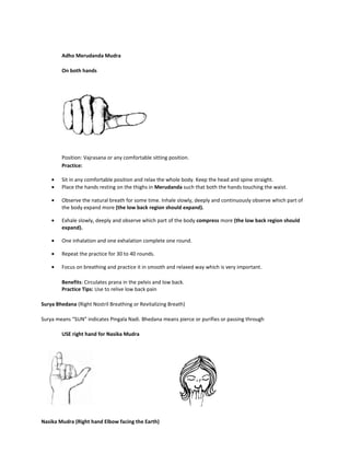 Adho Merudanda Mudra
On both hands
Position: Vajrasana or any comfortable sitting position.
Practice:
• Sit in any comfortable position and relax the whole body. Keep the head and spine straight.
• Place the hands resting on the thighs in Merudanda such that both the hands touching the waist.
• Observe the natural breath for some time. Inhale slowly, deeply and continuously observe which part of
the body expand more (the low back region should expand).
• Exhale slowly, deeply and observe which part of the body compress more (the low back region should
expand).
• One inhalation and one exhalation complete one round.
• Repeat the practice for 30 to 40 rounds.
• Focus on breathing and practice it in smooth and relaxed way which is very important.
Benefits: Circulates prana in the pelvis and low back.
Practice Tips: Use to relive low back pain
Surya Bhedana (Right Nostril Breathing or Revitalizing Breath)
Surya means “SUN” indicates Pingala Nadi. Bhedana means pierce or purifies or passing through
USE right hand for Nasika Mudra
Nasika Mudra (Right hand Elbow facing the Earth)
 