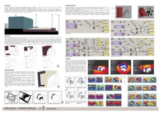 QUADRA
EDIFÍCIO
A partir dos estudos com os diversos meios de investigação, indagando as necessidades e qualidades do local, foi possível propôr um projeto de construção de
edificações, e modificação da quadra para trazer benefícios aos transeuntes e à região.
A massa do edifício principal da Uninove na implantação do local implica em condicionantes projetuais para a quadra, o edifício ocupa uma área grande e é
imponente no local, nossa proposta é amenizar um pouco o peso da universidade com uma proposta de “elevação” da quadra. Tal elevação consiste em criar
um edifício seguindo a lógica formal da quadra, elevá-lo até o nível adequado ao entorno e ao conceito do projeto com a construção de uma espécie de pódio.
Acima dessa volumetria será proposta uma praça e acesso aos edifícios residenciais (habitação de interesse social e moradia universitária). A grande edificação-
praça (pódio) será ocupada pelo complexo comercial e pelos estacionamentos.
O desenvolvimento da quadra 10 passou por um processo de diversas tentativas e propostas até que ocorresse a completa compreensão da quadra, suas edifi-
cações e características em si e de sua inserção no meio.
A partir da força que as edificações da Uninove proporcionam, propomos um projeto de moradia estudantil, contando com apartamentos para estudantes que
tenham família e para professores visitantes. Além da moradia estudantil como edifício de uso residencial, propomos um edifício de habitação de interesse social,
que já fazia parte das diretrizes iniciais de ocupação do local (Operação Água Branca). Devido ao novo tipo de ocupação da quadra e à extinção do atual es-
paço de estacionamento da quadra, propomos um edifício com vagas para automóveis que supram a demanda da universidade e das residências da quadra. A
potencialidade da localização da quadra também nos impôs a propôr áreas comerciais que suprissem a universidade, a área residencial, os visitantes do Memorial
da América Latina e do Parque Água Branca.
O processo passou por três tentativas de disposição até que se chegasse a um partido ideal que contemplasse os objetivos do projeto.
comércio
habitação
estacio-
namento
moradia
8hrs 15hrs
17hrs
12hrs
Escala de intensidade
solar
Alta incidência
Baixa incidência
8hrs
12hrs 17hrs
15hrs
8hrs
8hrs
12hrs
12hrs
17hrs
17hrs
15hrs
15hrs
Estacionamento
Comércio
Moradia Estudantil Habitação de Interesse Social
Solstício de Verão Equinócio de Outono
Março Junho
Setembro Dezembro
Solstício de Inverno
Equinócio de primavera
Uninove Praça Pódio Nível da rua
diretr
ento da q
a localização da
q
Latina e do Parque
esso passou por três tenta
mó
comercia
egasse a um part
dra
e das
residencial,
s objetivos do projeto.
Infográfico áreas construídasInfográfico áreas públicas Infográfico edifício construídoInfográfico áreas verdes depois
IMPLANTAÇÃO
GRASSHOPPER
VASARI
As tentativas não supriram as necessidades especialmente por causa da desconec-
tividade entre os edifícios de diferentes usos, falta de acesso ao interior da quadra,
verticalização demasiada ou pouca e falta de comunicação com os edifícios da quadra
e do entorno.
A partir do processo de tentativa, experimentação, análise e erro, foi possível definir
os problemas e necessidades da quadra e, assim, implantar de maneira harmonioza
os edifícios propostos.
Sendo os principais objetivos: inserir população na quadra, causar conforto ao usuário
dos edifícios e aos de passagem, desimpactar o “peso” da edificação da Uninove,
verticalizar de modo coerente ao entorno, etc.
Por fim, a combinação do novo edifício na praça atingiu um contrapeso à densidade
do edifício da Uninove equilibrando a quadra verticalmente; e, simultaneamente, a praça
e seu paisagismo acabou por comunicar-se com a entrada da universidade trazendo
mais unidade à quadra.
Além disso, em conexão ao bairro, há a previsão de uma ciclovia passando pela Rua
Tagipuru, permeando as quadras seguintes. Na infra-estrutura urbana foram implantadas
árvores de médio porte em toda a quadra de 8m em 8m, e postes de iluminação
com fiação subterrânea a cada 16m seguindo a legislação vigente no município de
São Paulo.
O programa Grasshopper é um plug-in integrado ao programa de modelagem tridimensional Rhinoceros. Funciona como um
editor algoritmo utilizado para programação e criação de formulários e condicinais aplicados na modelagem.
O dispositivo foi utilizado no processo de projeto para cálculo e especulação de densidade e ocupação da quadra, além de
outros dados relativos à quantidade de usuários.
A partir de testes de área, posicionamento e número de pavimentos, foi especulada qual seria aproximadamente a densidade
ideal e qual espaço cada edificação ocuparia ao atingir esse valor.
É importante que se tenha noção de quanto espaço e altura cada edificação necessitará ocupar a partir do número de
usuários, assim é possível criar variáveis mais realistas a partir da base, já com a noção de densificação e área ocupada.
Nas figuras ao lado, está o resultado final da utilização do programa. O desenho em vermelho é a volumetria atingida com
as condicionais do Grasshopper, o desenho em cinza corresponde à configuração dos edifícios que se mantiveram na quadra.
O Vasari é um programa desenvolvido pela Autodesk que
funciona em conjunto aos softwares de desenvolvimento de
projeto em 3D. É uma ferramenta de design para a criação
de conceitos de construção com análise integrada de gasto
e recebimento de energia, fornecendo uma visão de design
onde as decisões mais importantes são feitas, baseadas
nessas análises.
Além disso, o programa fornece dados de insolação e ven-
tilação, os quais foram utilizados para estudo prático deste
projeto, são muito úteis para o processo de projeto, com
a precisão da localidade real do objeto de estudo.
Por meio de diagramas de cores é possível identificar a
incidência de luz solar nas fachadas, assim como a sua
intensidade. Há ainda, o túnel de vento, o qual faz uma
simulação em 3D do direcionamento do vento no projeto.
N
N
N
NN
Tentativa 01
Percurso 01 Percurso 02
Tentativa 02 Tentativa 03
Percurso 03
15hrs
PROJETO PÓDIO-PRAÇA 2- 7 ESTUDOS
 