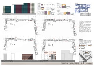 EDIFÍCIO
O edifício ocupa a área perimetral da praça, assim pretende-
se atingir a densidade de 800 hab/hectares com um edifício
único e denso. A ocupação perimetral implica que seja criada
uma delimitação da praça, sem gerar espaços ociosos, tor-
nando a praça um elemento único e permeável à passagem
ou à permanência.
O edifício é todo residencial a partir do primeiro pavimento,
é composto por cinco tipologias diferentes, pois pretende-se
atingir uma pluralidade que atenda aos diversos perfis de
moradores, assim há desde quitinetes para estudantes até
apartamentos duplex. Todas as tipologias estão dentro da
modulação de 0.6m.
O público alvo da edificação está dividido entre estudantes
e população de baixa renda, sendo que a tipologia 1 é
dedicada exclusivamente para estudantes, a tipologia 2 para
habitação social e as demais tipologias podem abrigar tanto
estudantes quanto famílias. O edifício não faz distinção do
usuário, não se divide em área de estudantes e área de
famílias, para que haja integração e convívio entre todos.
As tipologias foram distribuídas nos andares conforme áreas
molhadas, estrutura e modulação e esquadrias, de modo a
otimizar o desempenho construtivo do edifício em uso, assim
sendo, uma mesma tipologia está acima da mesma tipologia,
variando, algumas vezes, a orientação da fachada.
TIPOLOGIA 1
TIPOLOGIA 2
TIPOLOGIA 3
TIPOLOGIA 5
TIPOLOGIA 4 MODULAÇÃO
Área privativa
Circulação
Circulação
Circulação Circulação
Circulação Corte e venti.
cruzada
Parede hidráulica
Parede hidráulica
Corte e vent.
cruzada
Corte e vent.
cruzada
Corte e vent.
cruzada
Corte e vent.
cruzada
Área molhada
Área convívio
Cir
ED
O edif
se ating
único e
uma delim
nando a p
ou à perma
O edifício é
é composto p
atingir uma pl
moradores, assim
apartamentos dup
modulação de 0.6
O público alvo da
e população de ba
dedicada exclusivamen
habitação social e as
estudantes quanto famí
usuário, não se divide
famílias, para que haja in
As tipologias foram distribu
molhadas, estrutura e modu
otimizar o desempenho const
sendo, uma mesma tipologia e
variando, algumas vezes, a orie
TIPOLOGIA 5
Área privativa
Circulação
ção Corte e venti.
cruzada
Corte e vent.
cruzada
Corte e vent.
cruzada
Área molhada
Área convívio
p
Tipologias Nº habitantes Área
1 quitinete 1 ou 2 17,3 m²
2 habitação social 3 ou 4 43,2 m²
3 duplex 3 ou 4 86,4 m²
4 habitação familiar 4 a 6 81,0 m²
5 acessíveis 4 86,4 m²
MOMMOMOMOMODULAÇÃO
Tipologias Nº habitante
25 1 4
ELEVAÇÃO NOROESTE ESQUEMÁTICA TIPOLOGIAS
*tipologia 3 somente na fachada sudoeste
ELEVAÇÃO SUDOESTE INTERNA
escala 1:500
ELEVAÇÃO SUDOESTE EXTERNA
escala 1:500
PISO 3
andar 1
nível 13,00m
escala 1:500
PISO 4
andar 2
nível 16,00m
escala 1:500
PISO 5
andar 3
nível 19,00m
escala 1:500
PISO 6
andar 4
nível 22,00m
escala 1:500
N
N
N
N
CORREDOR
A grande extensão do edifício implica que haja, mesmo com
a diversidade da circulação horizontal, momentos em que as
portas de acesso dos apartamentos fiquem muito próximas
e a inimidade do apartamento é então prejudicada. Dessa
forma, foram projetados alguns espaços vazados no corredor,
os quais separam as portas vizinhas e causam isolamento
das janelas voltadas para o corredor.
Detalhe vista frontal corredor
apartamento
corredor
Detalhe corte corredor
Perspectiva implantação
ontal corredorontal corredor
UDOESTE EXTERNA
PISO 6
andar 4
nível 22,00m
escala 1:500
N
A
a
port
e a
forma,
os qua
das jane
apartamento
corcccorredredoror
Detalhe corte corredor
Detalhe vista froDetalhe vista fro
PROJETO PÓDIO-PRAÇA 5- 7 EDIFÍCIO
 