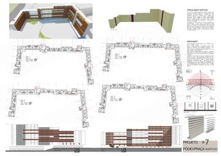 CIRCULAÇÃO VERTICAL
INSOLAÇÃO
Por conta da grande extensão do edifício, existem três
nichos de circulação vertical, com três escadas e cinco
elevadores, os quais conectam o edifício todo com
corredores abertos com sacada para o exterior que
variam de direção, evitando a possível monotoneidade
de fachada que um edifício tão denso poderia causar.
Devido à grande extensão do mesmo, esses acessos
facilitam a locomoção dos moradores e a rota de fuga
em caso de incêndio.
O acesso da torre norte tem início no subsolo de
estacionamento e supre todos os apartamentos dessa
torre, o acesso da torre noroeste tem início na praça
elevada, e o acesso ao estacionamento está situado ao
lado do acesso ao edifício. O acesso da torre sudoeste
tem início na praça elevada, esse acesso é restrito a
moradores, usuários apenas do estacionamento utilizam
os outros acessos.
Nossas fachadas que apresentam alta incidência solar
são a noroeste e norte.
Após o estudo realizado no programa Vasari, confir-
mamos as fachadas cuja incidência luminosa é mais
intensa no maior número de períodos estudados.
Para amenizar a iluminação direta propomos o uso de
brises solares nestas fachadas.
Brises solares são dispositivos de proteção à iluminação
solar direta de variados tipos. Dependem do ângulo de
incidência da luz e o dos horários em que se pretende
bloqueá-la.
A partir da carta solar do local de intervenção, deter-
minou-se o uso de brises horizontais móveis, sendo um
de movimentação do dispositivo todo por trilhos na hori-
zontal; e o outro move as “pás” na vertical, mudando
a angulação do bloqueio solar, e ambos são manuais.
Influenciam no layout da fachada das edificações, mas
principalmente servem para controle da intensidade solar,
e se projetados de forma harmonioza com o edifício,
são até um diferencial interessante, do ponto de vista
formal.
1,4 m
1 m
0,6 m
1,20m
1m
1m
1m
1,2m
1m
1m
1m
DETALHAMENTO DE ESQUADRIA
escala 1:100
Circulação Vertical
Carta Solar
Brise horizontal fechado Brise horizontal aberto
ELEVAÇÃO NOROESTE EXTERNA
escala 1:500
ELEVAÇÃO NOROESTE INTERNA
escala
N
PISO 7
andar 5
nível 25,00m
escala 1:500
PISO 8
andar 6
nível 28,00m
escala 1:500
PISO 9
andar 7
nível 31,00m
escala 1:500
PISO 10
andar 8
nível 34,00m
escala 1:500
N
N
N
N
PROJETO 6-
PÓDIO-PRAÇA
7
EDIFÍCIO
 