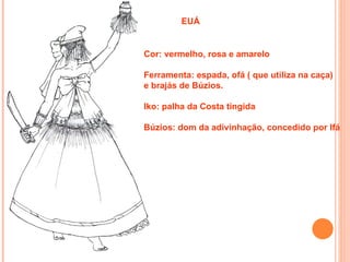 EUÁ


Cor: vermelho, rosa e amarelo

Ferramenta: espada, ofá ( que utiliza na caça)
e brajás de Búzios.

Iko: palha da Costa tingida

Búzios: dom da adivinhação, concedido por Ifá
 