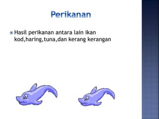  Hasil perikanan antara lain ikan
kod,haring,tuna,dan kerang kerangan
 