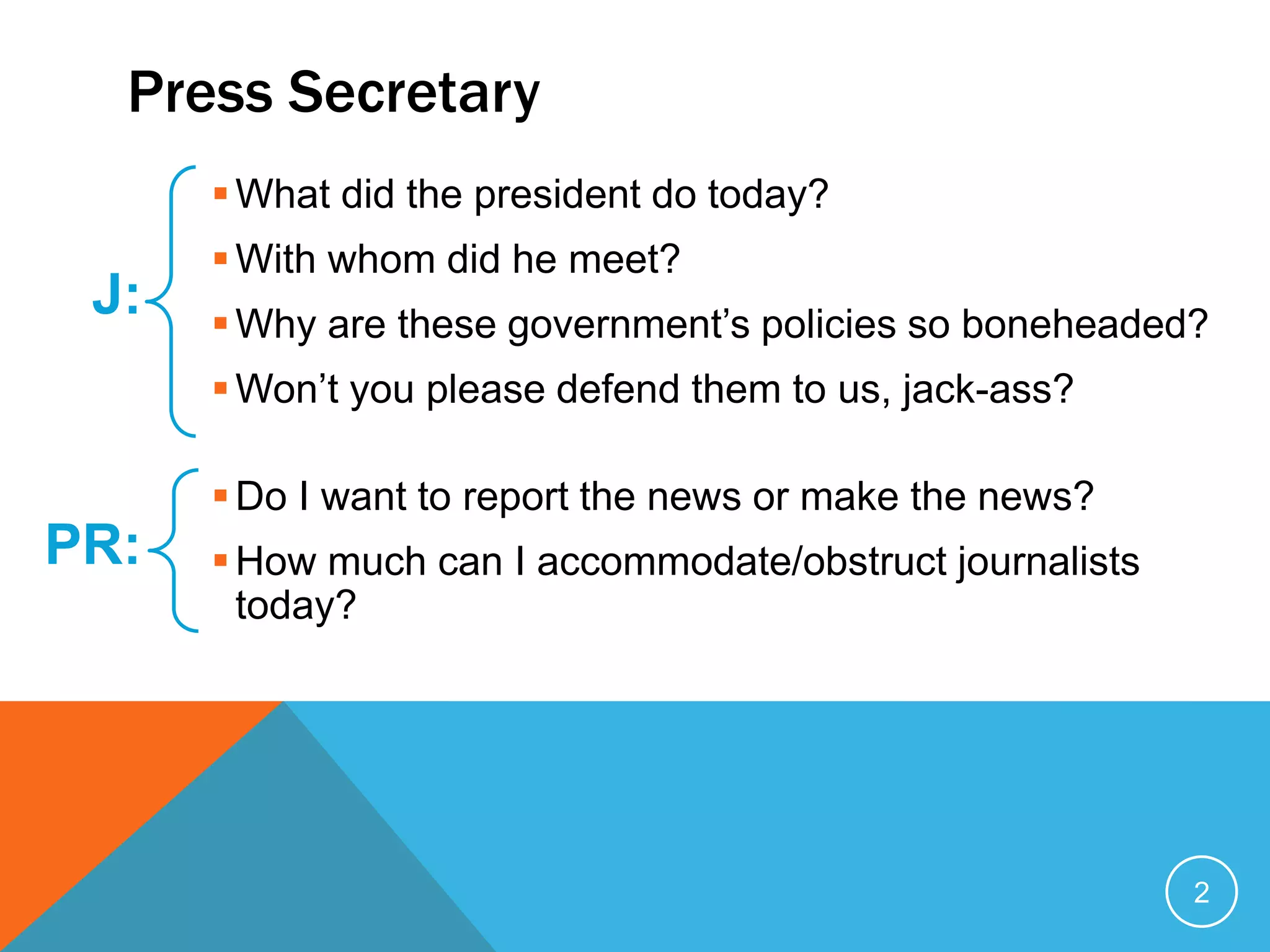 Press Secretary
What did the president do today?
With whom did he meet?
Why are these government’s policies so boneheaded?
Won’t you please defend them to us, jack-ass?
Do I want to report the news or make the news?
How much can I accommodate/obstruct journalists
today?
2
J:
PR:
 