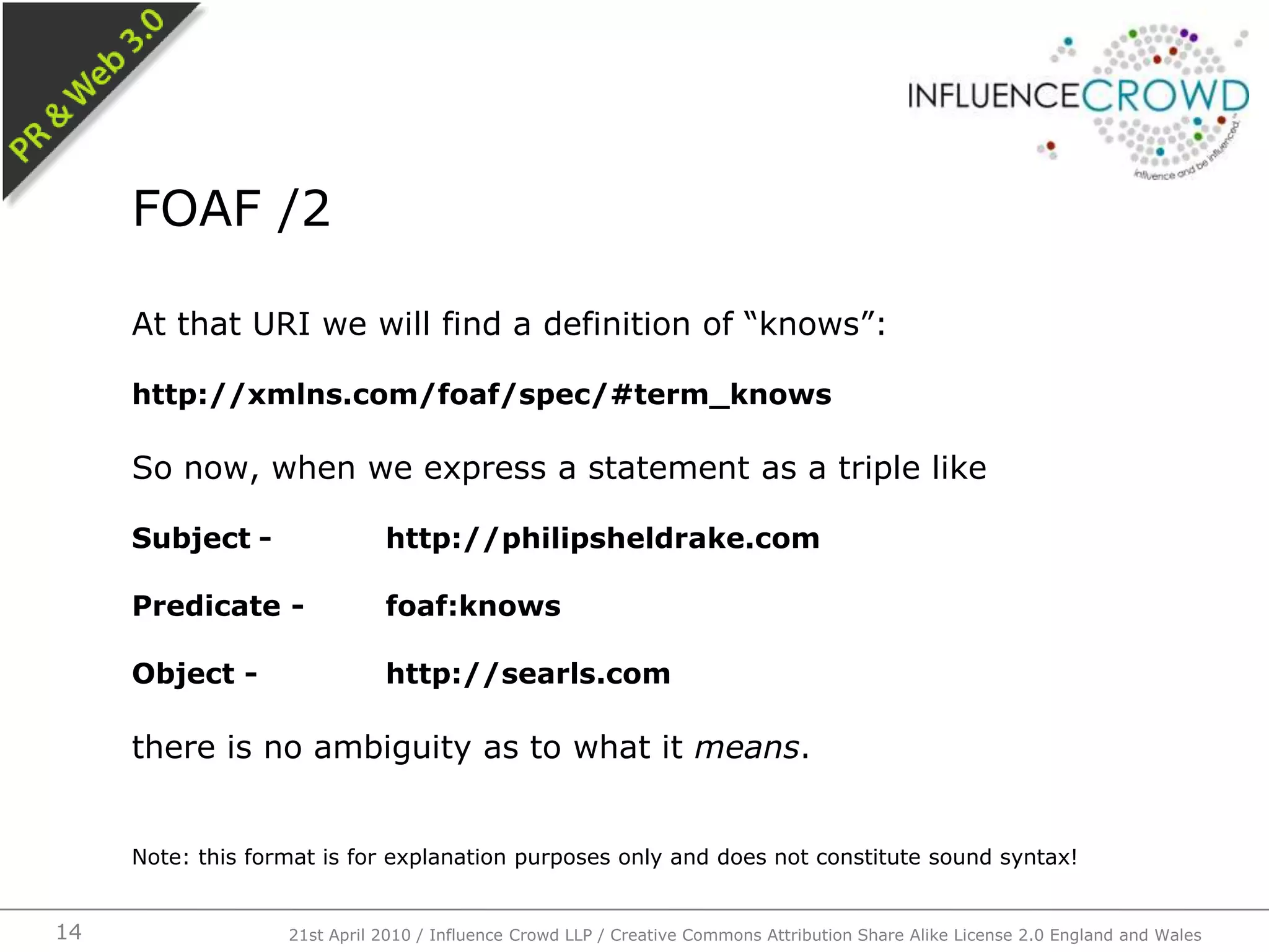 At that URI we will find a definition of “knows”:http://xmlns.com/foaf/spec/#term_knowsSo now, when we express a statement as a triple likeSubject	-	http://philipsheldrake.comPredicate -	foaf:knowsObject -		http://searls.comthere is no ambiguity as to what it means.Note: this format is for explanation purposes only and does not constitute sound syntax!FOAF /221st April 2010 / Influence Crowd LLP / Creative Commons Attribution Share Alike License 2.0 England and Wales14