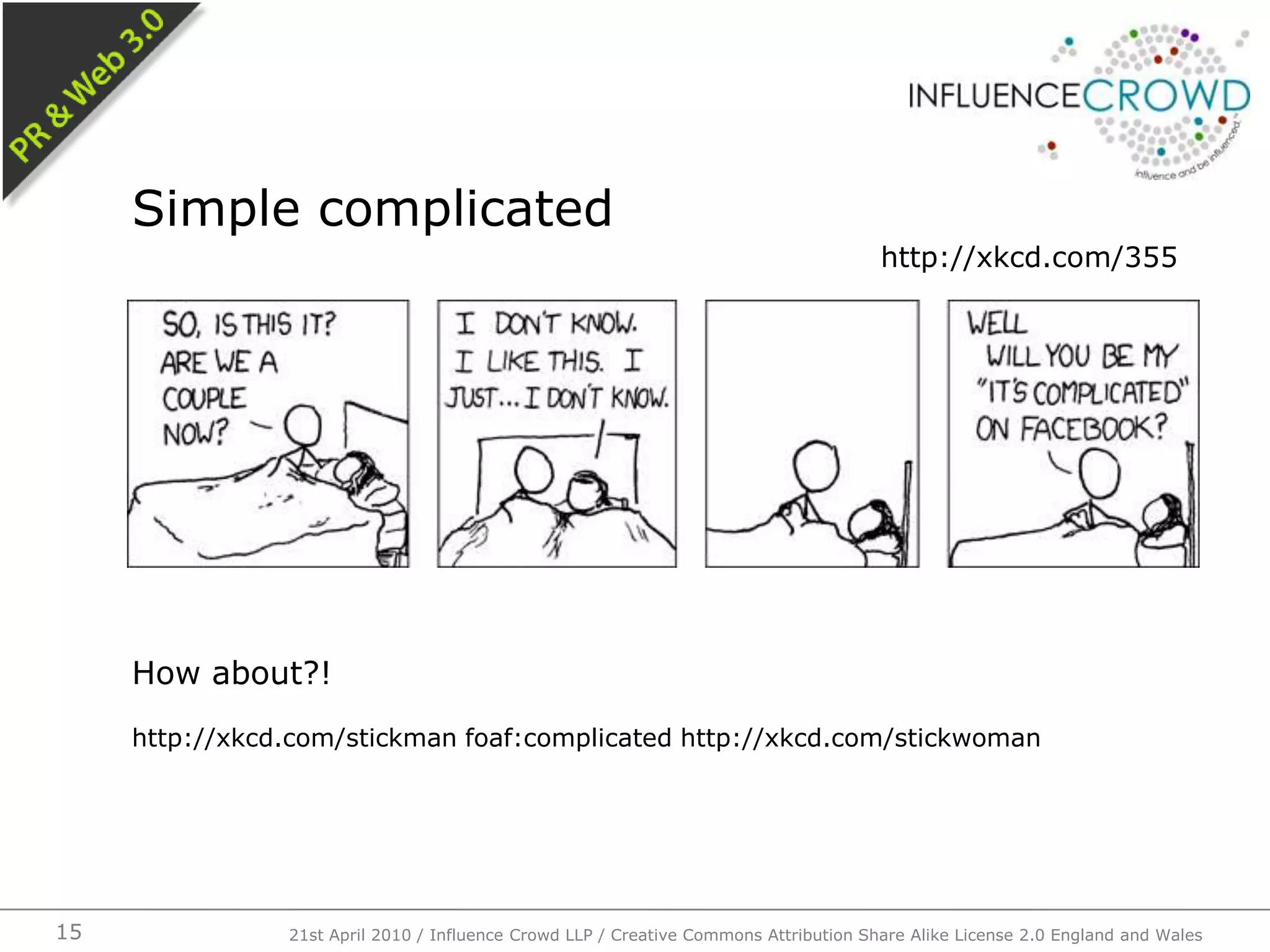 How about?!http://xkcd.com/stickman foaf:complicated http://xkcd.com/stickwomanSimple complicated21st April 2010 / Influence Crowd LLP / Creative Commons Attribution Share Alike License 2.0 England and Wales15http://xkcd.com/355