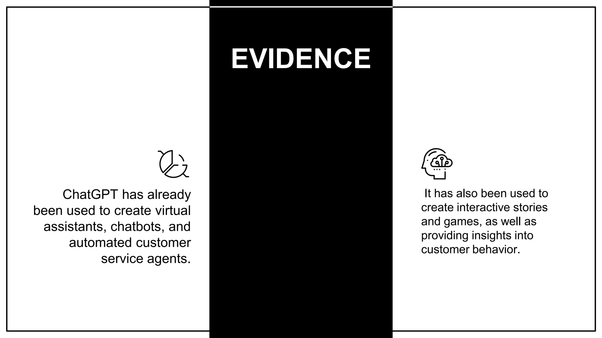 EVIDENCE
It has also been used to
create interactive stories
and games, as well as
providing insights into
customer behavior.
ChatGPT has already
been used to create virtual
assistants, chatbots, and
automated customer
service agents.
 