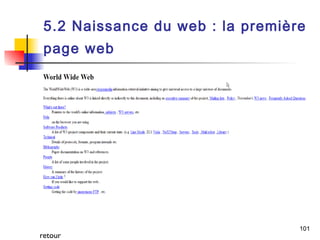 5.2 Naissance du web : la première 
page web 
101 
retour 
 