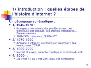 20 
1/ Introduction : quelles étapes de 
l’histoire d’internet ? 
Un découpage schématique : 
 1/ 1945-1970 : 
 émergence des acteurs, des problématiques, des 
techniques, des discours, des premiers imaginaires… 
Premiers réseaux 
 1967-1969 : naissance d’ARPANET 
 2/ 1970-1990 : 
 d’Arpanet à internet : interconnexion progressive des 
réseaux avec TCP/IP 
 3/ 1990-2000 : 
 Internet et le web : apparition publique et explosion du web 
 4/ 2000- : 
 Du « web 1 » au « web 2.0 » et au web sémantique 
 