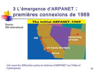 62 
3 L’émergence d’ARPANET : 
premières connexions de 1969 
Source : 
SRI International 
Voir aussi les différentes cartes et schémas d’ARPANET sur l’Atlas of 
Cyberspaces 
 