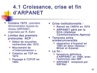 67 
4.1 Croissance, crise et fin 
d’ARPANET 
 Octobre 1972 : première 
démonstration réussie du 
réseau ARPANET, 
organisée par R. Kahn 
 Limites des premiers 
protocoles NCP : 
 Début de nouvelles 
recherches dès 1972 
 Mouvement de 
«l’interconnexion » 
 Création de TCP en 
1974 
 Passage à TCP/IP en 
1983 
 Crise institutionnelle : 
 Retrait de l’ARPA en 1975 
 ARPANET géré par la 
DCA (Defense 
Communications Agency ) 
 Tensions entre 
armée/universités 
 séparation d’Arpanet en 
1983 en deux réseaux : 
Milnet et Arpanet 
 La fin : 
 fermeture définitive 
d’ARPANET en 1989, avec 
l’extinction des IMP 
 ARPANET remplacé par 
NSFNet 
 