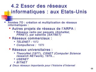 68 
4.2 Essor des réseaux 
informatiques : aux Etats-Unis 
 Années 7O : création et multiplication de réseaux 
informatiques : 
 Autres projets de réseaux de l’ARPA : 
 Réseaux radio par paquets (AlohaNet, 
PRNET), par satellite (SATNET) 
 Réseaux commerciaux : 
 TELENET : 1972 
 CompuServe : 1979 
 Réseaux universitaires : 
 TheoryNet ( 1977), CSNET (Computer Science 
research NETwork), 1979… 
 USENET 
 BITNET 
 Deux réseaux importants pour l’histoire d’Internet 
 