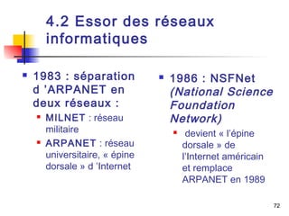 72 
4.2 Essor des réseaux 
informatiques 
 1983 : séparation 
d ’ARPANET en 
deux réseaux : 
 MILNET : réseau 
militaire 
 ARPANET : réseau 
universitaire, « épine 
dorsale » d ’Internet 
 1986 : NSFNet 
(National Science 
Foundation 
Network) 
 devient « l’épine 
dorsale » de 
l’Internet américain 
et remplace 
ARPANET en 1989 
 