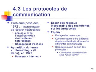 73 
4.3 Les protocoles de 
communication 
 Problème posé dès 
1972 : l’interconnexion 
de réseaux hétérogènes 
 analogie avec 
l’interconnexion 
d’ordinateurs 
hétérogènes 
 Changement d’échelle 
 Apparition du terme 
« Internetting » (R. 
Kahn), en 1972 
 Donnera « internet » 
 Essor des réseaux 
inséparable des recherches 
sur les protocoles 
 Enjeux : 
 Partage des ressources 
 Communication entre différents 
réseaux spécialisés, donc entre 
différentes communautés 
 Caractère ouvert ou non des 
protocoles : 
 Controverse socio-technique 
entre X25 et TCP/IP 
 