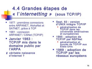 76 
4.4 Grandes étapes de 
« l’internetting » (sous TCP/IP) 
 1977 : premières connexions 
entre ARPANET, AlohaNet et 
SATNET, grâce à TCP 
 1981 : connexion 
ARPANET / CSNet (TCP/IP) 
 Janvier 1983 : 
TCP/IP mis dans le 
domaine public par 
l’ARPA 
 véritable naissance 
d’Internet ? 
 Sept. 83 : version 
d’UNIX intègre TCP/IP 
 généralisation de 
TCP/IP dans les 
universités américaines 
et européennes 
 1985 : adoption de 
TCP/IP par NSFNet 
 généralisation et 
succès de TCP/IP aux 
Etats-Unis 
 1989 : adoption de 
TCP/IP par les 
réseaux européens 
 
