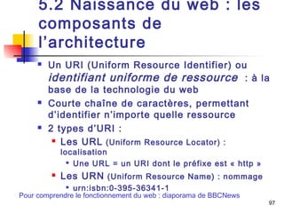 5.2 Naissance du web : les 
composants de 
l’architecture 
 Un URI (Uniform Resource Identifier) ou 
identifiant uniforme de ressource : à la 
base de la technologie du web 
 Courte chaîne de caractères, permettant 
d’identifier n’importe quelle ressource 
 2 types d’URI : 
 Les URL (Uniform Resource Locator) : 
localisation 
 Une URL = un URI dont le préfixe est « http » 
 Les URN (Uniform Resource Name) : nommage 
 urn:isbn:0-395-36341-1 
Pour comprendre le fonctionnement du web : diaporama de BBCNews 
97 
 