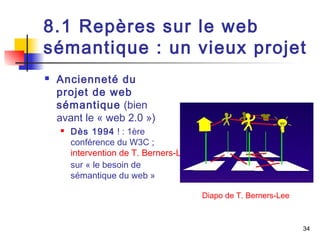 8.1 Repères sur le web 
sémantique : un vieux projet 
34 
 Ancienneté du 
projet de web 
sémantique (bien 
avant le « web 2.0 ») 
 Dès 1994 ! : 1ère 
conférence du W3C ; 
intervention de T. Berners-Lee 
sur « le besoin de 
sémantique du web » 
Diapo de T. Berners-Lee 
 