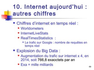 69 
10. Internet aujourd’hui : 
autres chiffres 
 Chiffres d’internet en temps réel : 
 Worldometers 
 InternetLiveStats 
 RealTimesStatistics : 
 Le trafic sur Google : nombre de requêtes en 
temps réel 
 Explosion du Big Data : 
 Augmentation du trafic sur internet x 4, en 
2014, soit 766,8 exaoctets par an 
 Exa = mille milliards 
 