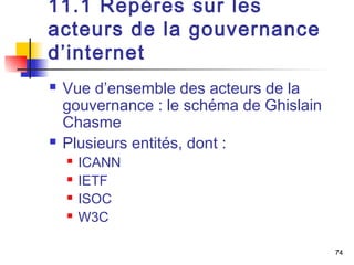 74 
11.1 Repères sur les 
acteurs de la gouvernance 
d’internet 
 Vue d’ensemble des acteurs de la 
gouvernance : le schéma de Ghislain 
Chasme 
 Plusieurs entités, dont : 
 ICANN 
 IETF 
 ISOC 
 W3C 
 