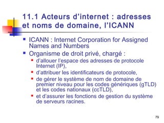 79 
11.1 Acteurs d’internet : adresses 
et noms de domaine, l’ICANN 
 ICANN : Internet Corporation for Assigned 
Names and Numbers 
 Organisme de droit privé, chargé : 
 d’allouer l’espace des adresses de protocole 
Internet (IP), 
 d’attribuer les identificateurs de protocole, 
 de gérer le système de nom de domaine de 
premier niveau pour les codes génériques (gTLD) 
et les codes nationaux (ccTLD), 
 et d’assurer les fonctions de gestion du système 
de serveurs racines. 
 