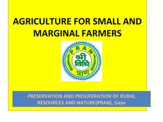 AGRICULTURE FOR SMALL AND
MARGINAL FARMERS
PRESERVATION AND PROLIFERATION OF RURAL
RESOURCES AND NATURE(PRAN), Gaya
 