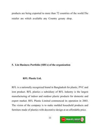 products are being exported to more than 72 countries of the world.




5. List Business Portfolio (SBUs) of the organization




          RFL Plastic Ltd.


RFL is a nationally recognized brand in Bangladesh for plastic, PVC and
iron product. RFL plastics a subsidiary of RFL industry is the largest
manufacturing of indoor and outdoor plastic products for domestic and
export market. RFL Plastic Limited commenced its operation in 2003.
The vision of the company is to make molded household products and
furniture made of plastics with decorative design at an affordable price.


                                    11
 