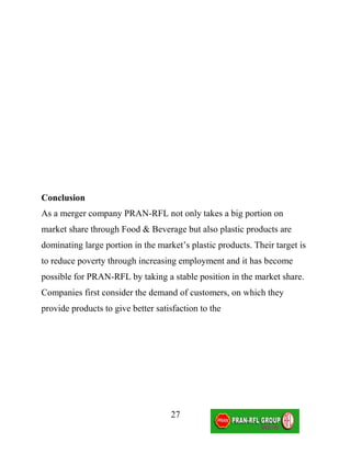 Conclusion
As a merger company PRAN-RFL not only takes a big portion on
market share through Food & Beverage but also plastic products are
dominating large portion in the market’s plastic products. Their target is
to reduce poverty through increasing employment and it has become
possible for PRAN-RFL by taking a stable position in the market share.
Companies first consider the demand of customers, on which they
provide products to give better satisfaction to the




                                    27
 