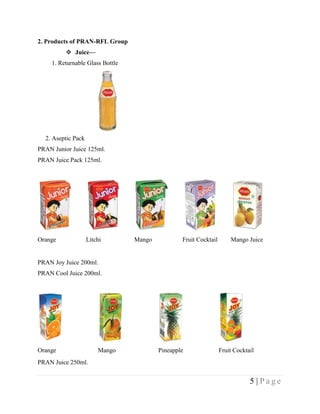 2. Products of PRAN-RFL Group
           Juice—
     1. Returnable Glass Bottle




  2. Aseptic Pack
PRAN Junior Juice 125ml.
PRAN Juice Pack 125ml.




Orange              Litchi        Mango           Fruit Cocktail       Mango Juice


PRAN Joy Juice 200ml.
PRAN Cool Juice 200ml.




Orange                  Mango             Pineapple                Fruit Cocktail
PRAN Juice 250ml.


                                                                               5 |Page
 