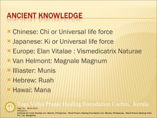 Chinese: Chi or Universal life force Japanese: Ki or Universal life force Europe: Elan Vitalae : Vismedicatrix Naturae Van Helmont: Magnale Magnum Illiaster: Munis Hebrew: Ruah Hawai: Mana 