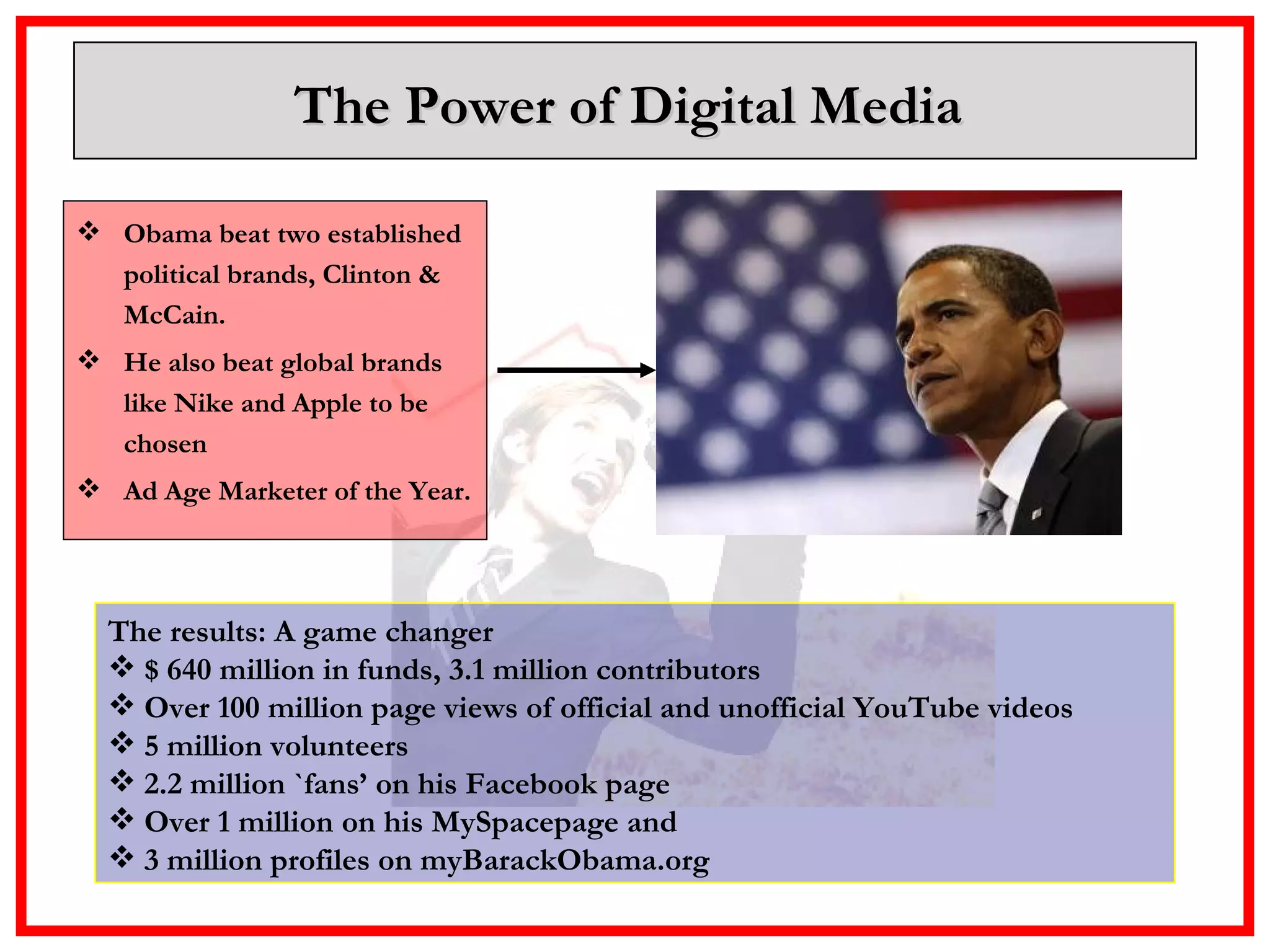 The Power of Digital Media  Obama beat two established political brands, Clinton & McCain. He also beat global brands like Nike and Apple to be chosen  Ad Age Marketer of the Year. The results: A game changer $ 640 million in funds, 3.1 million contributors Over 100 million page views of official and unofficial YouTube videos 5 million volunteers 2.2 million `fans’ on his Facebook page  Over 1 million on his MySpacepage and  3 million profiles on myBarackObama.org 