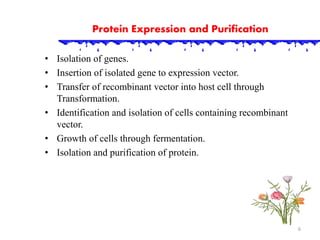 Protein Expression and Purification 
• Isolation of genes. 
• Insertion of isolated gene to expression vector. 
• Transfer of recombinant vector into host cell through 
Transformation. 
• Identification and isolation of cells containing recombinant 
vector. 
• Growth of cells through fermentation. 
• Isolation and purification of protein. 
6 
 