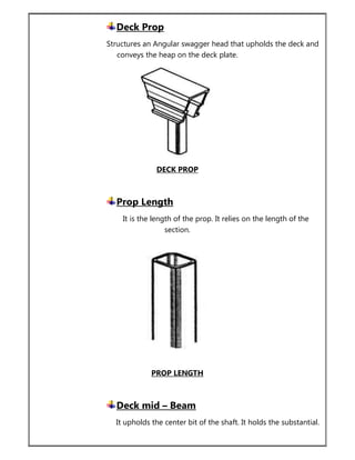Deck Prop
Structures an Angular swagger head that upholds the deck and
conveys the heap on the deck plate.
DECK PROP
Prop Length
It is the length of the prop. It relies on the length of the
section.
PROP LENGTH
Deck mid – Beam
It upholds the center bit of the shaft. It holds the substantial.
 
