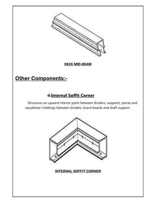 DECK MID-BEAM
Other Components:-
Internal Soffit Corner
Structures an upward interior point between dividers, supports, pieces and
equalinear moldings between dividers, brace boards and shaft support.
INTERNAL SOFFIT CORNER
 