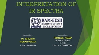 INTERPRETATION OF
IR SPECTRA
Submitted to –
Mr. KRISHAN
KUMAR VERMA
( Asst. Professor)
Submitted by –
PRANJALI YADAV
B.pharm IV year
(Sec-B)
Roll no- 1709350064
 