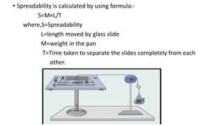 • Spreadability is calculated by using formula:-
S=M×L/T
where,S=Spreadability
L=length moved by glass slide
M=weight in the pan
T=Time taken to separate the slides completely from each
other.
 