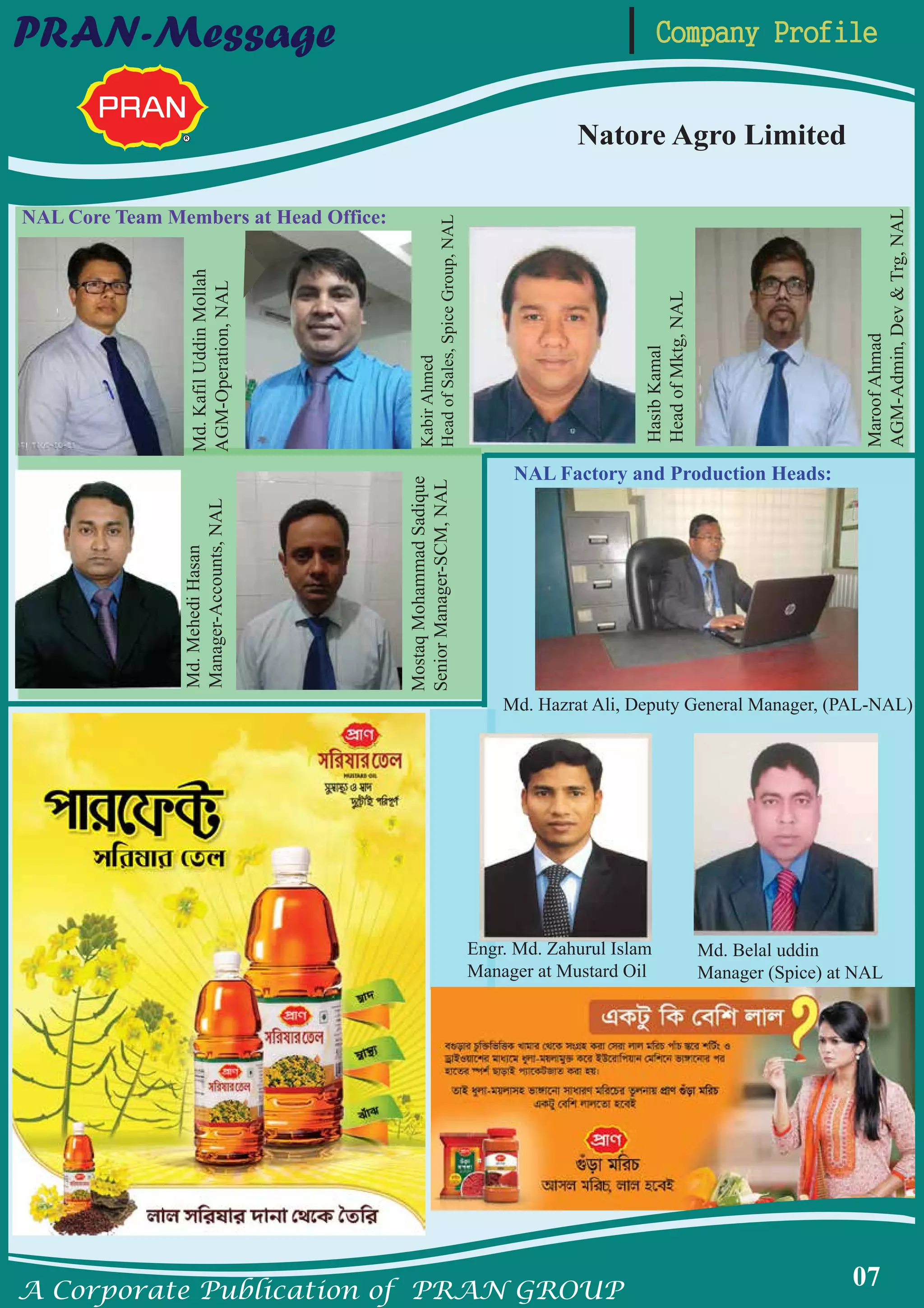 A Corporate Publication of PRAN GROUP
07
Company ProfilePRAN-Message
Natore Agro Limited
NAL Core Team Members at Head Office:
NAL Factory and Production Heads:
Md.KafilUddinMollah
AGM-Operation,NAL
Md.MehediHasan
Manager-Accounts,NAL
KabirAhmed
HeadofSales,SpiceGroup,NAL
MaroofAhmad
AGM-Admin,Dev&Trg,NAL
HasibKamal
HeadofMktg,NAL
MostaqMohammadSadique
SeniorManager-SCM,NAL
Md. Belal uddin
Manager (Spice) at NAL
Md. Hazrat Ali, Deputy General Manager, (PAL-NAL)
Engr. Md. Zahurul Islam
Manager at Mustard Oil
 