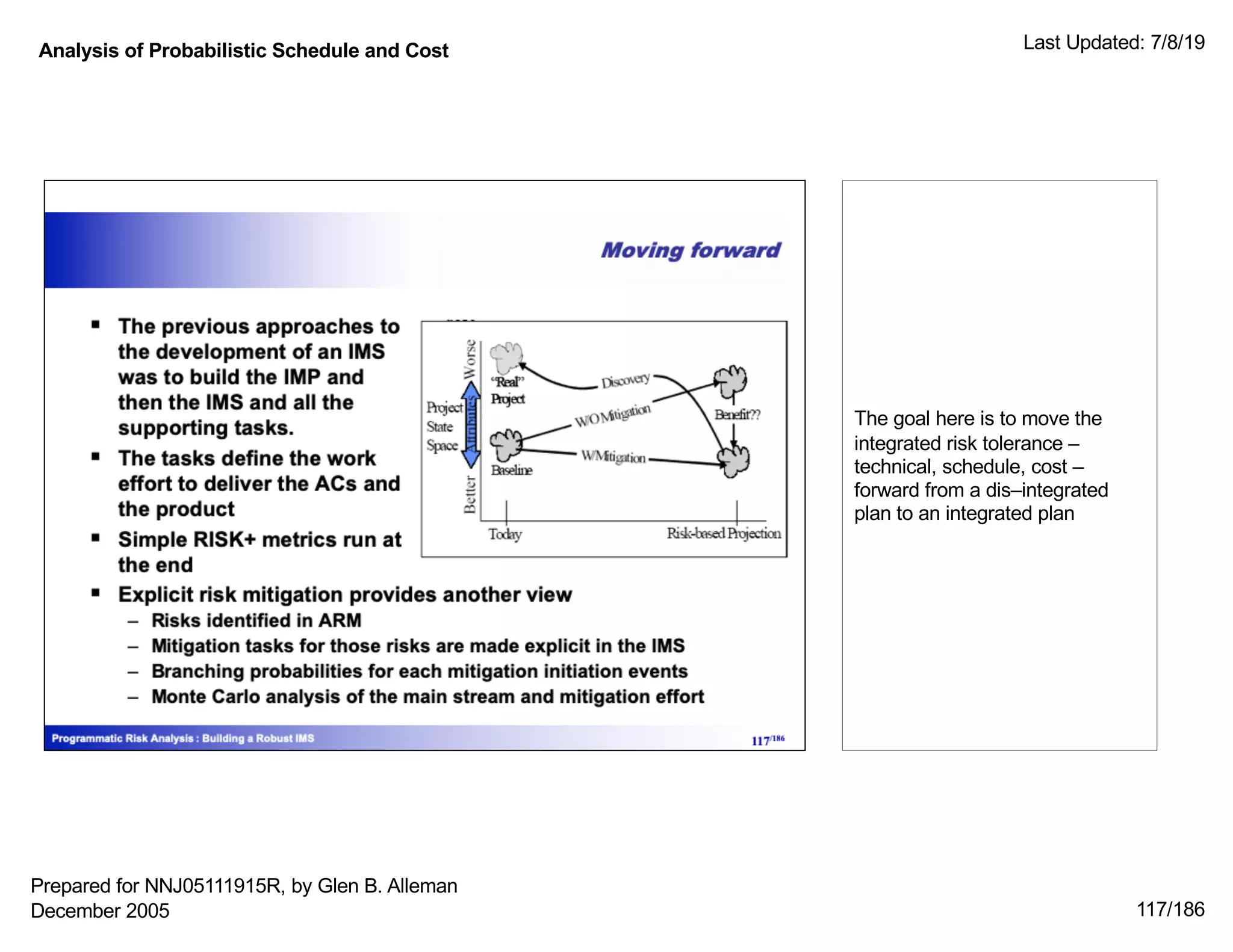 Analysis of Probabilistic Schedule and Cost Last Updated: 7/8/19
117/186
The goal here is to move the
integrated risk tolerance –
technical, schedule, cost –
forward from a dis–integrated
plan to an integrated plan
Prepared for NNJ05111915R, by Glen B. Alleman
December 2005
 