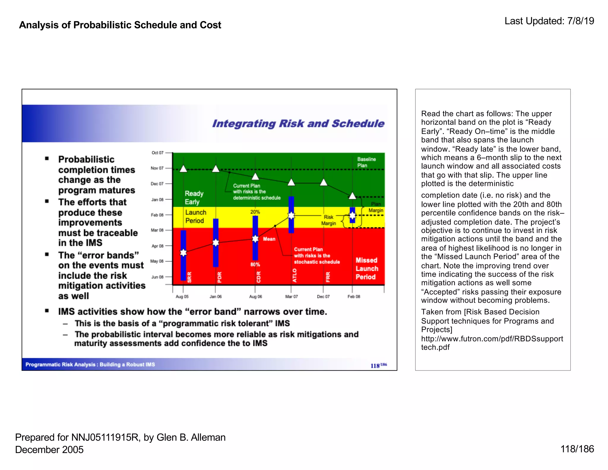 Analysis of Probabilistic Schedule and Cost Last Updated: 7/8/19
118/186
Read the chart as follows: The upper
horizontal band on the plot is “Ready
Early”. “Ready On–time” is the middle
band that also spans the launch
window. “Ready late” is the lower band,
which means a 6–month slip to the next
launch window and all associated costs
that go with that slip. The upper line
plotted is the deterministic
completion date (i.e. no risk) and the
lower line plotted with the 20th and 80th
percentile confidence bands on the risk–
adjusted completion date. The project’s
objective is to continue to invest in risk
mitigation actions until the band and the
area of highest likelihood is no longer in
the “Missed Launch Period” area of the
chart. Note the improving trend over
time indicating the success of the risk
mitigation actions as well some
“Accepted” risks passing their exposure
window without becoming problems.
Taken from [Risk Based Decision
Support techniques for Programs and
Projects]
http://www.futron.com/pdf/RBDSsupport
tech.pdf
Prepared for NNJ05111915R, by Glen B. Alleman
December 2005
 