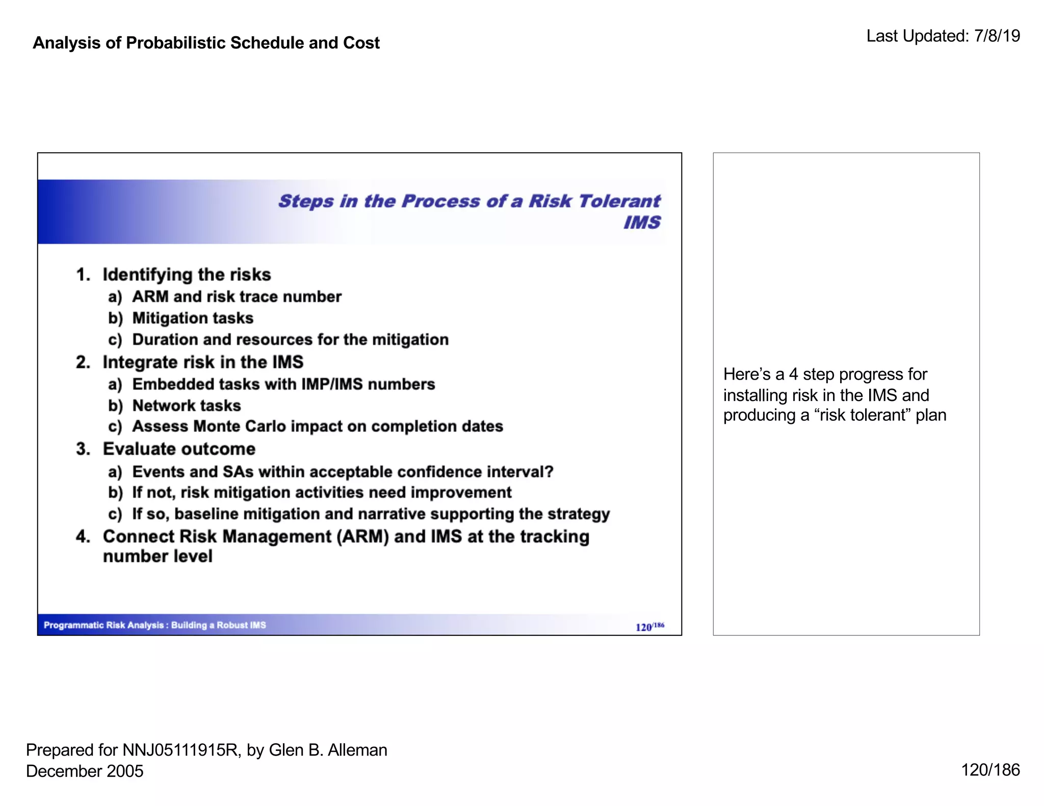 Analysis of Probabilistic Schedule and Cost Last Updated: 7/8/19
120/186
Here’s a 4 step progress for
installing risk in the IMS and
producing a “risk tolerant” plan
Prepared for NNJ05111915R, by Glen B. Alleman
December 2005
 