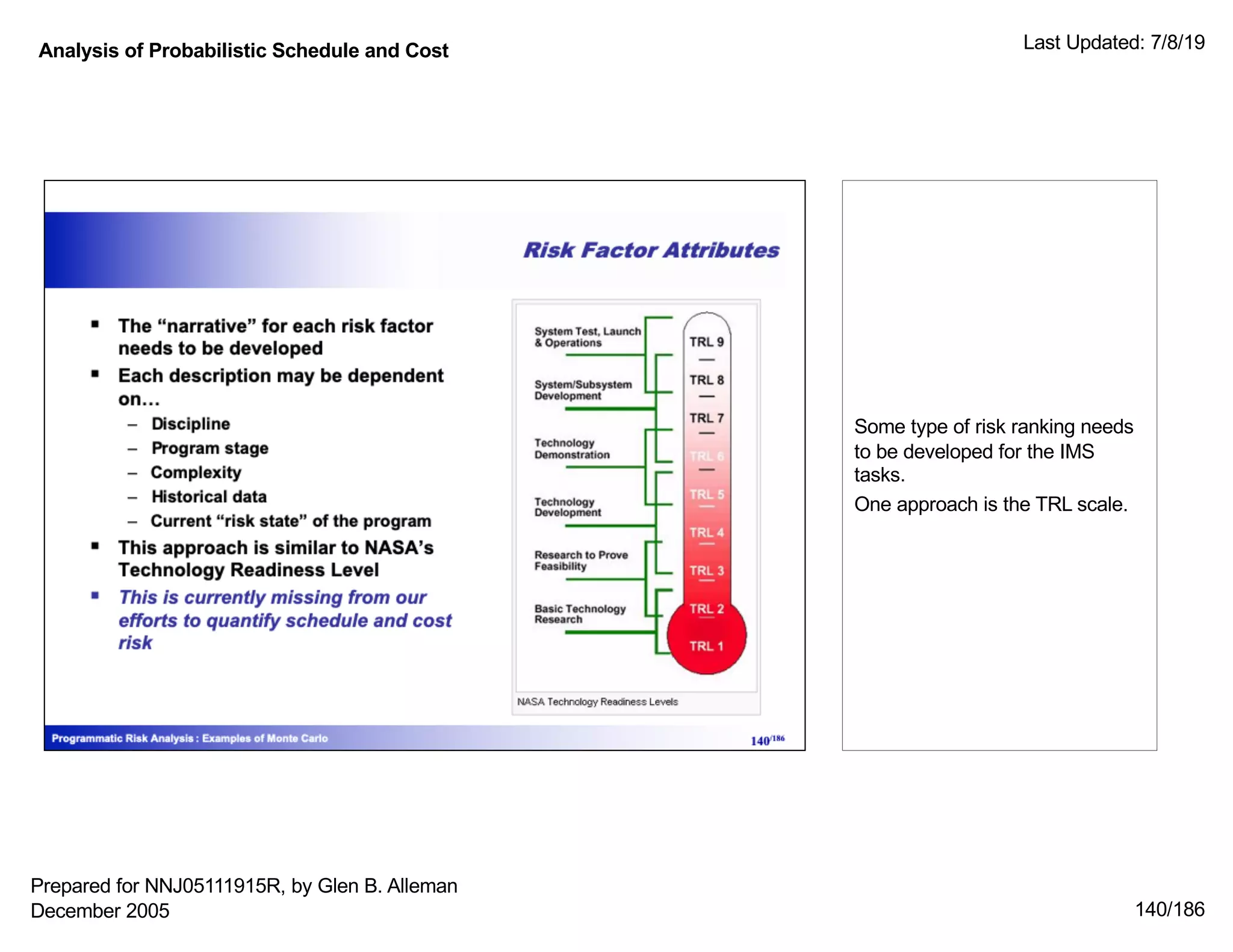 Analysis of Probabilistic Schedule and Cost Last Updated: 7/8/19
140/186
Some type of risk ranking needs
to be developed for the IMS
tasks.
One approach is the TRL scale.
Prepared for NNJ05111915R, by Glen B. Alleman
December 2005
 