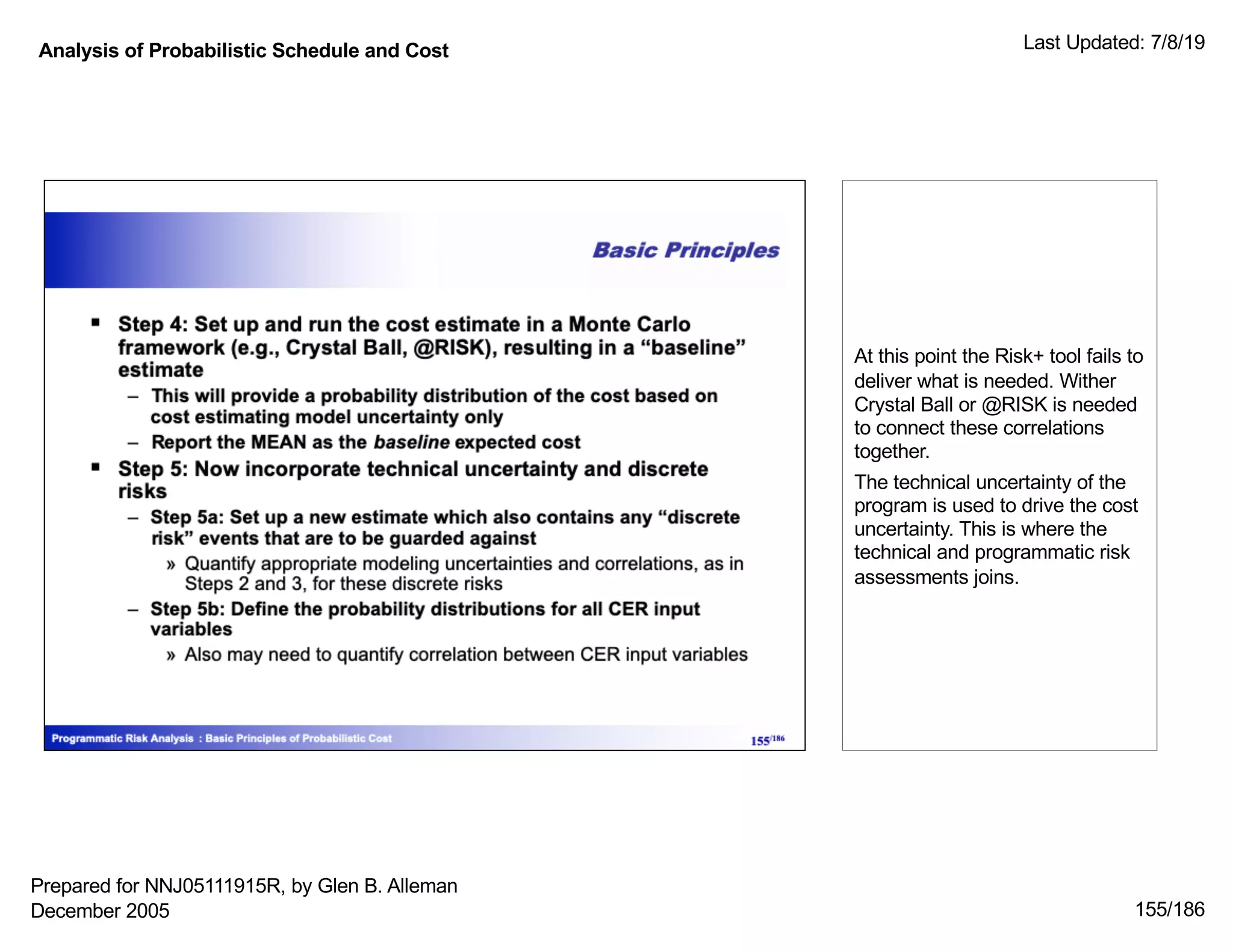 Analysis of Probabilistic Schedule and Cost Last Updated: 7/8/19
155/186
At this point the Risk+ tool fails to
deliver what is needed. Wither
Crystal Ball or @RISK is needed
to connect these correlations
together.
The technical uncertainty of the
program is used to drive the cost
uncertainty. This is where the
technical and programmatic risk
assessments joins.
Prepared for NNJ05111915R, by Glen B. Alleman
December 2005
 