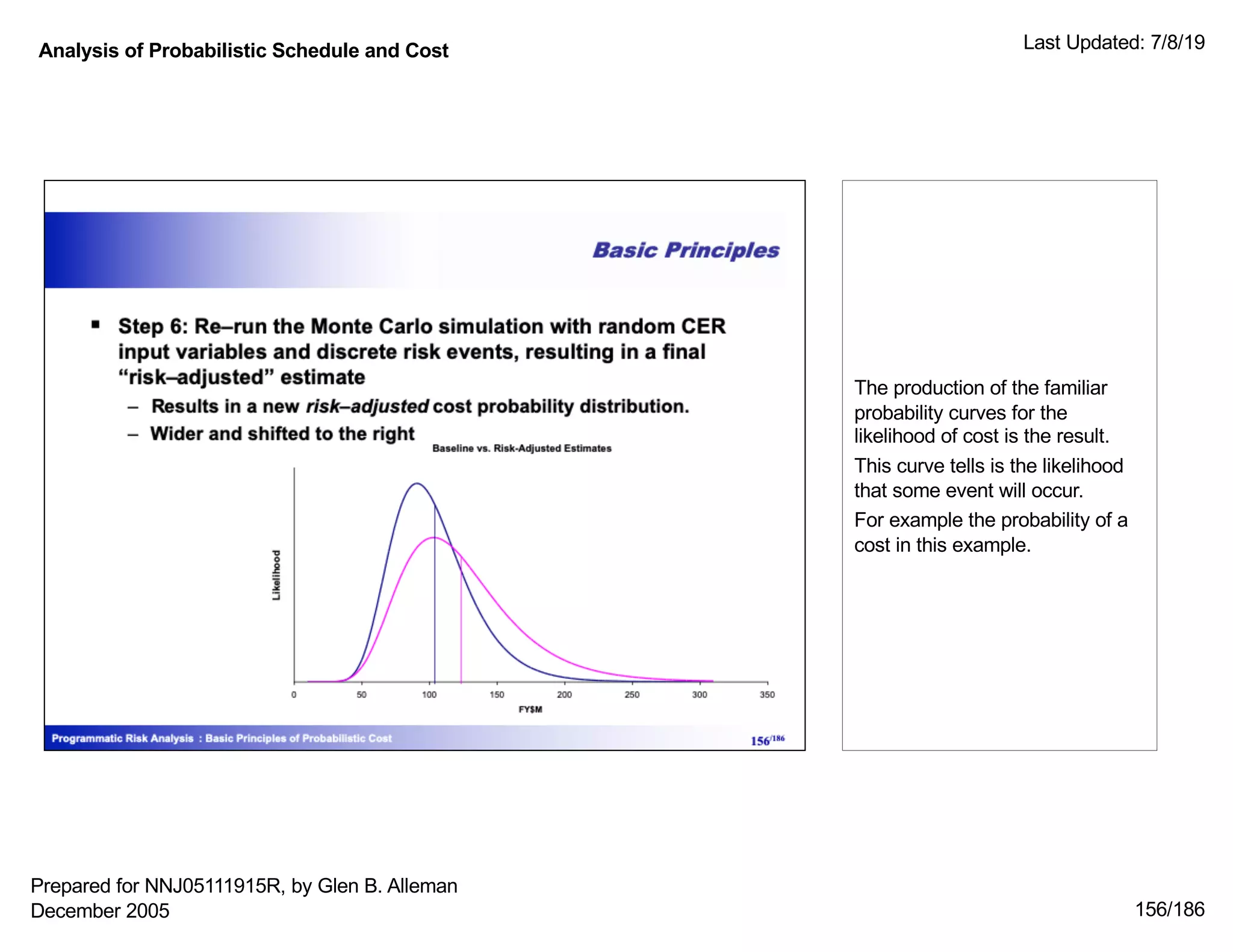 Analysis of Probabilistic Schedule and Cost Last Updated: 7/8/19
156/186
The production of the familiar
probability curves for the
likelihood of cost is the result.
This curve tells is the likelihood
that some event will occur.
For example the probability of a
cost in this example.
Prepared for NNJ05111915R, by Glen B. Alleman
December 2005
 
