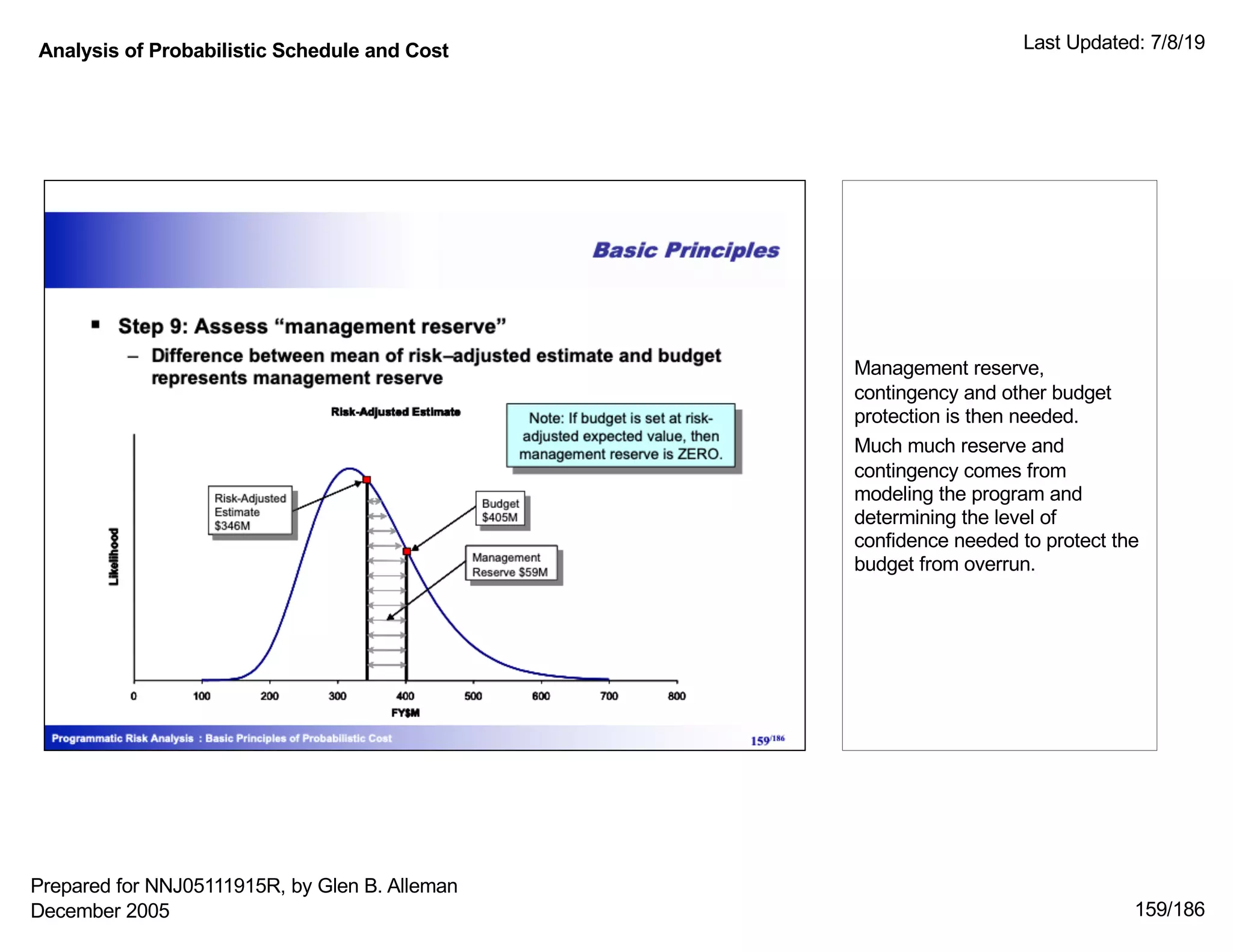 Analysis of Probabilistic Schedule and Cost Last Updated: 7/8/19
159/186
Management reserve,
contingency and other budget
protection is then needed.
Much much reserve and
contingency comes from
modeling the program and
determining the level of
confidence needed to protect the
budget from overrun.
Prepared for NNJ05111915R, by Glen B. Alleman
December 2005
 
