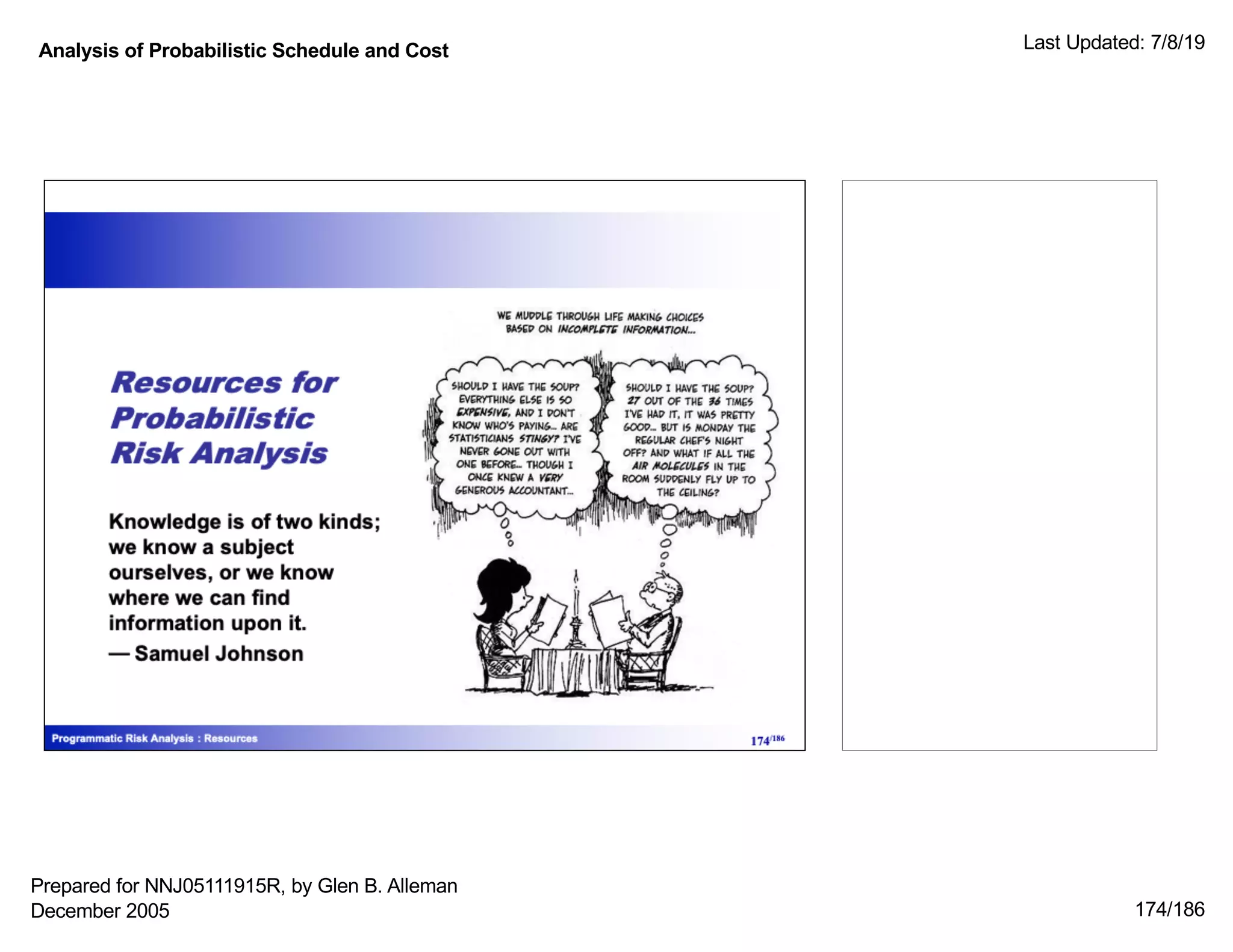 Analysis of Probabilistic Schedule and Cost Last Updated: 7/8/19
174/186
Prepared for NNJ05111915R, by Glen B. Alleman
December 2005
 
