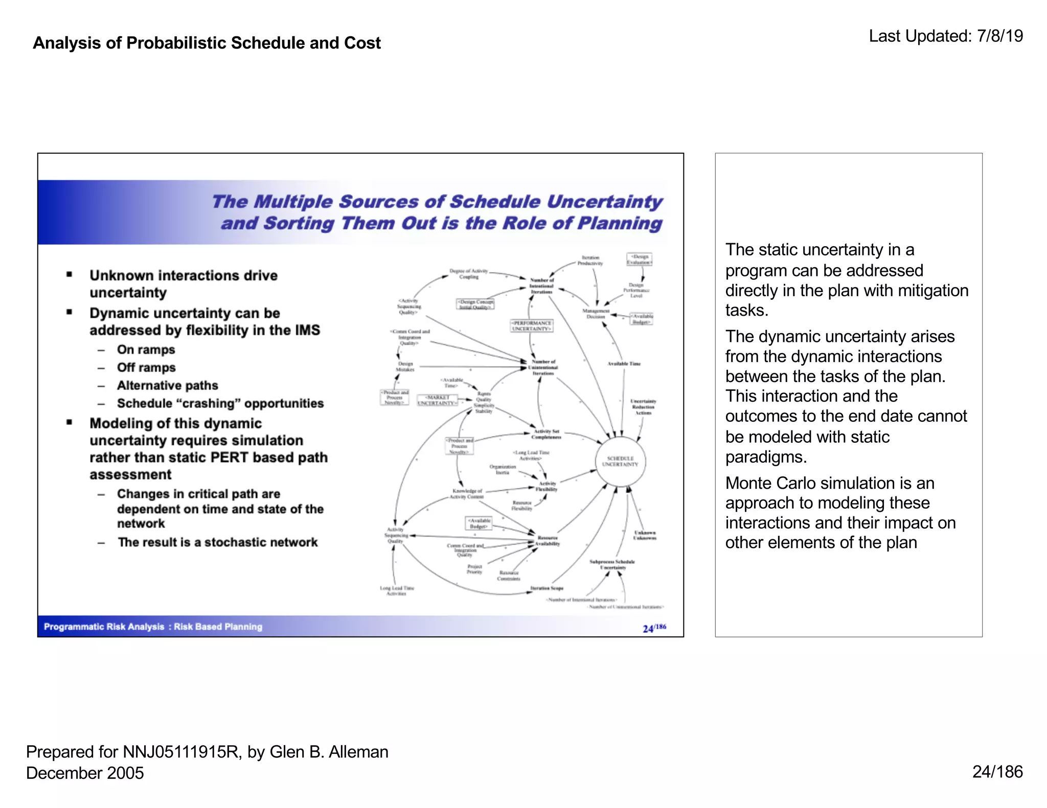 Analysis of Probabilistic Schedule and Cost Last Updated: 7/8/19
24/186
The static uncertainty in a
program can be addressed
directly in the plan with mitigation
tasks.
The dynamic uncertainty arises
from the dynamic interactions
between the tasks of the plan.
This interaction and the
outcomes to the end date cannot
be modeled with static
paradigms.
Monte Carlo simulation is an
approach to modeling these
interactions and their impact on
other elements of the plan
Prepared for NNJ05111915R, by Glen B. Alleman
December 2005
 