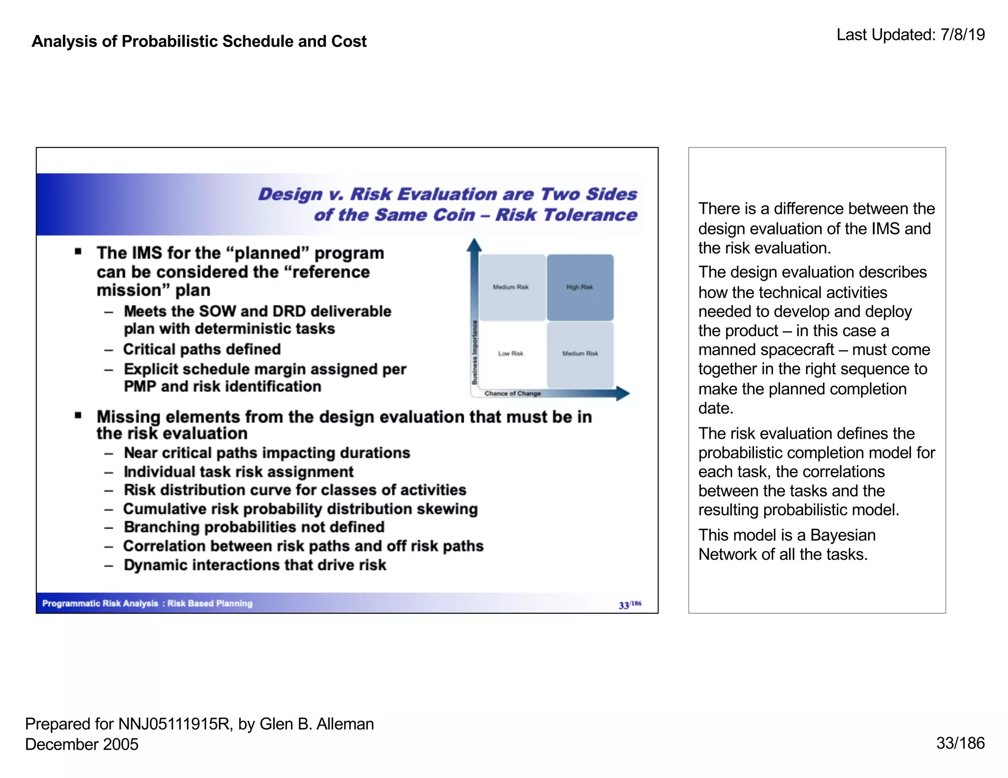 Analysis of Probabilistic Schedule and Cost Last Updated: 7/8/19
33/186
There is a difference between the
design evaluation of the IMS and
the risk evaluation.
The design evaluation describes
how the technical activities
needed to develop and deploy
the product – in this case a
manned spacecraft – must come
together in the right sequence to
make the planned completion
date.
The risk evaluation defines the
probabilistic completion model for
each task, the correlations
between the tasks and the
resulting probabilistic model.
This model is a Bayesian
Network of all the tasks.
Prepared for NNJ05111915R, by Glen B. Alleman
December 2005
 