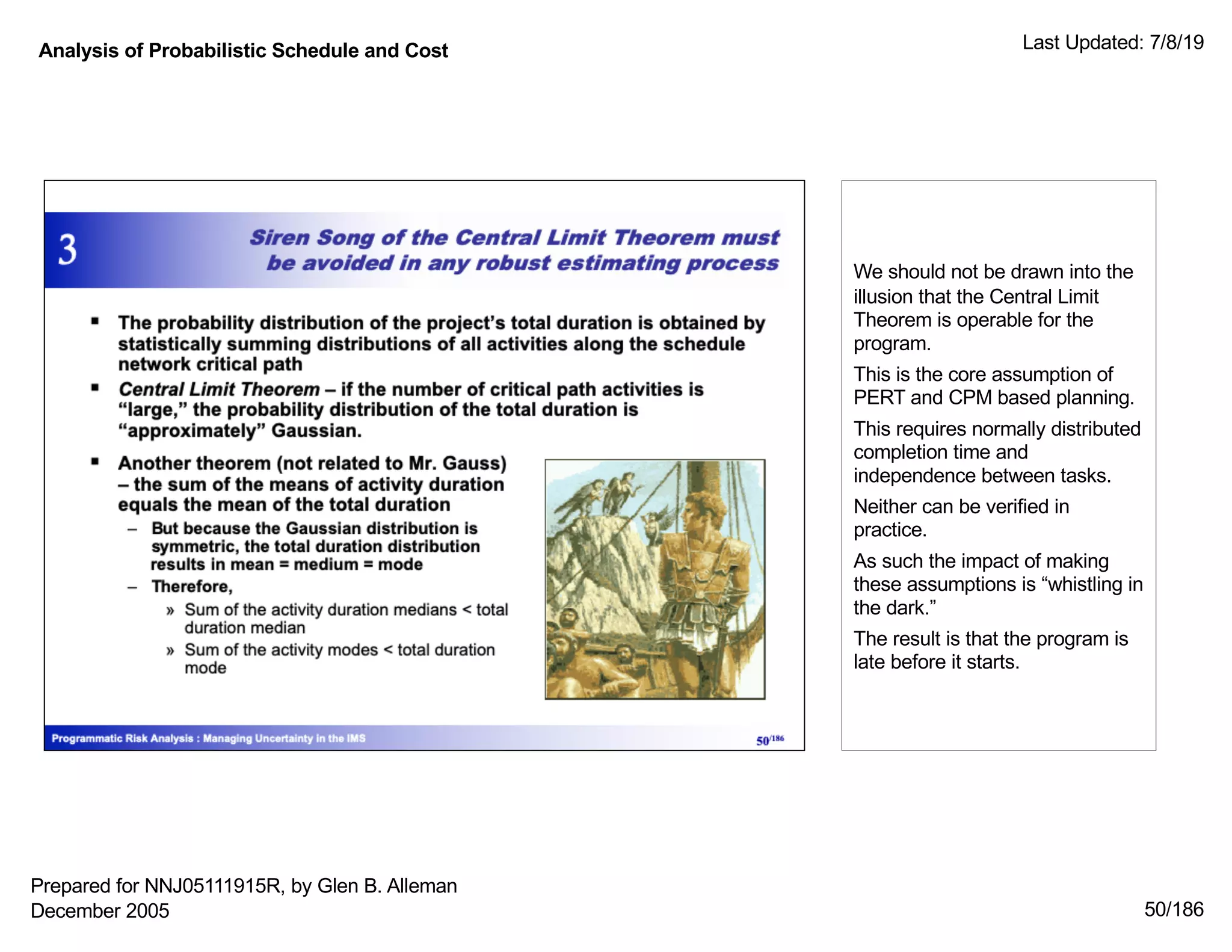 Analysis of Probabilistic Schedule and Cost Last Updated: 7/8/19
50/186
We should not be drawn into the
illusion that the Central Limit
Theorem is operable for the
program.
This is the core assumption of
PERT and CPM based planning.
This requires normally distributed
completion time and
independence between tasks.
Neither can be verified in
practice.
As such the impact of making
these assumptions is “whistling in
the dark.”
The result is that the program is
late before it starts.
Prepared for NNJ05111915R, by Glen B. Alleman
December 2005
 