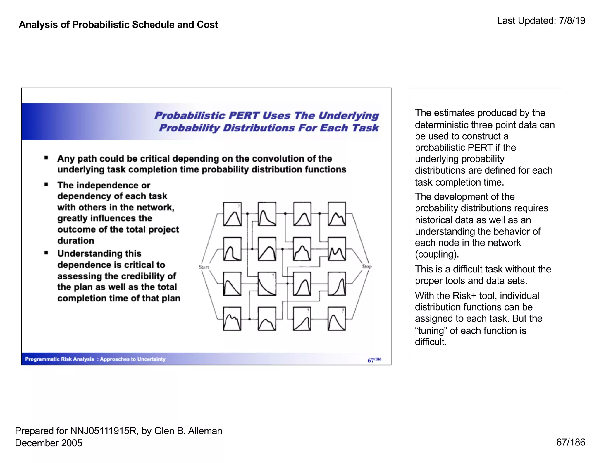 Analysis of Probabilistic Schedule and Cost Last Updated: 7/8/19
67/186
The estimates produced by the
deterministic three point data can
be used to construct a
probabilistic PERT if the
underlying probability
distributions are defined for each
task completion time.
The development of the
probability distributions requires
historical data as well as an
understanding the behavior of
each node in the network
(coupling).
This is a difficult task without the
proper tools and data sets.
With the Risk+ tool, individual
distribution functions can be
assigned to each task. But the
“tuning” of each function is
difficult.
Prepared for NNJ05111915R, by Glen B. Alleman
December 2005
 