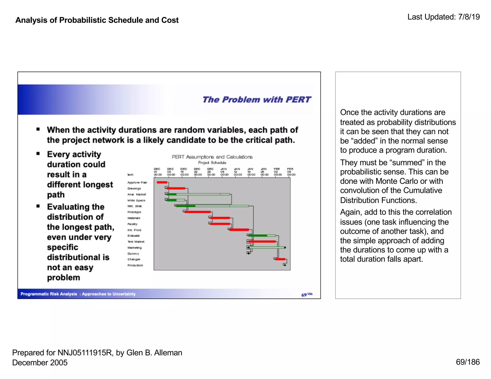 Analysis of Probabilistic Schedule and Cost Last Updated: 7/8/19
69/186
Once the activity durations are
treated as probability distributions
it can be seen that they can not
be “added” in the normal sense
to produce a program duration.
They must be “summed” in the
probabilistic sense. This can be
done with Monte Carlo or with
convolution of the Cumulative
Distribution Functions.
Again, add to this the correlation
issues (one task influencing the
outcome of another task), and
the simple approach of adding
the durations to come up with a
total duration falls apart.
Prepared for NNJ05111915R, by Glen B. Alleman
December 2005
 