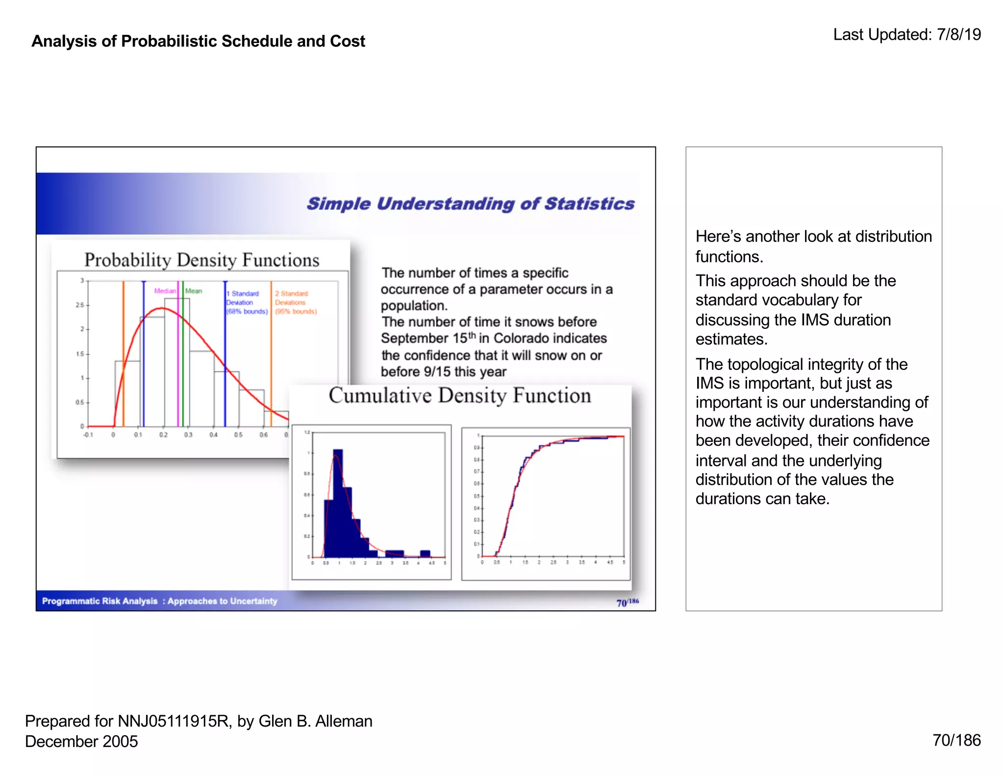 Analysis of Probabilistic Schedule and Cost Last Updated: 7/8/19
70/186
Here’s another look at distribution
functions.
This approach should be the
standard vocabulary for
discussing the IMS duration
estimates.
The topological integrity of the
IMS is important, but just as
important is our understanding of
how the activity durations have
been developed, their confidence
interval and the underlying
distribution of the values the
durations can take.
Prepared for NNJ05111915R, by Glen B. Alleman
December 2005
 